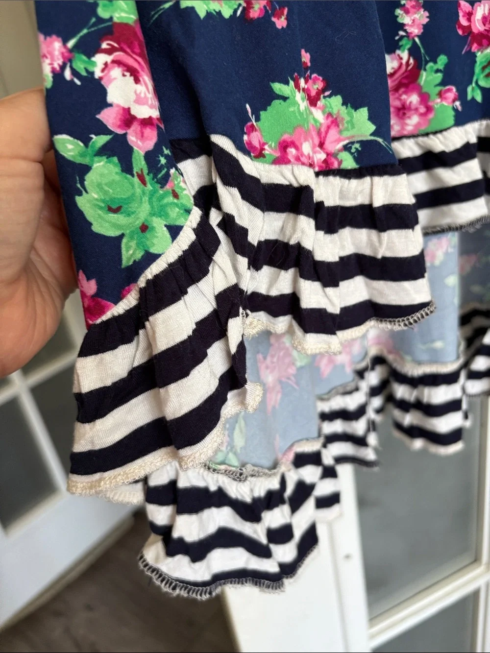 Navy Floral High-Low Tunic with Striped Ruffles - Picture 4 of 5